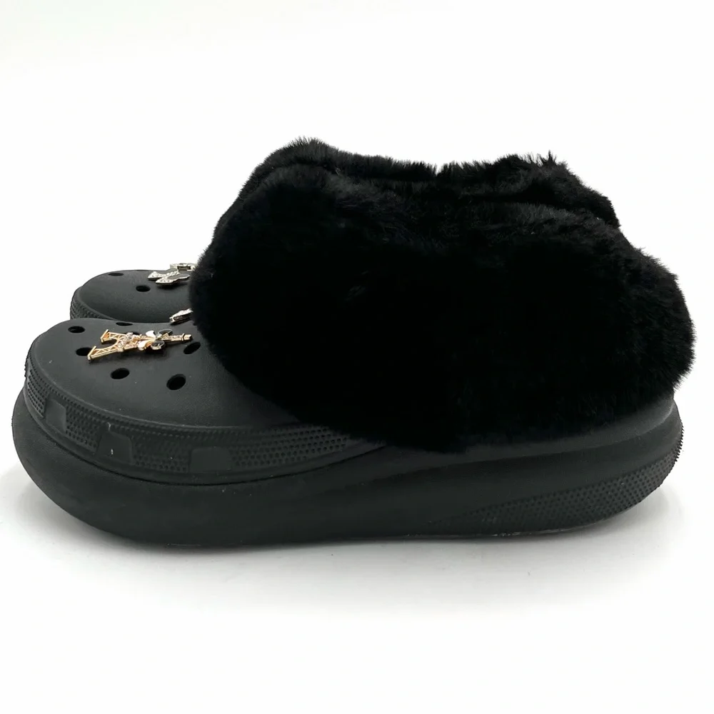 Forever Crush Clogs Black Platform Crocs Ankle Booties with Faux Fur Lining